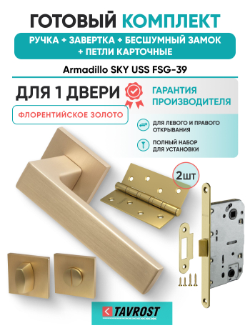 Комплект: Ручки Armadillo SKY USS FSG-39+Завертка+Бесшумный замок и Петли Fuaro/флорентийское золото