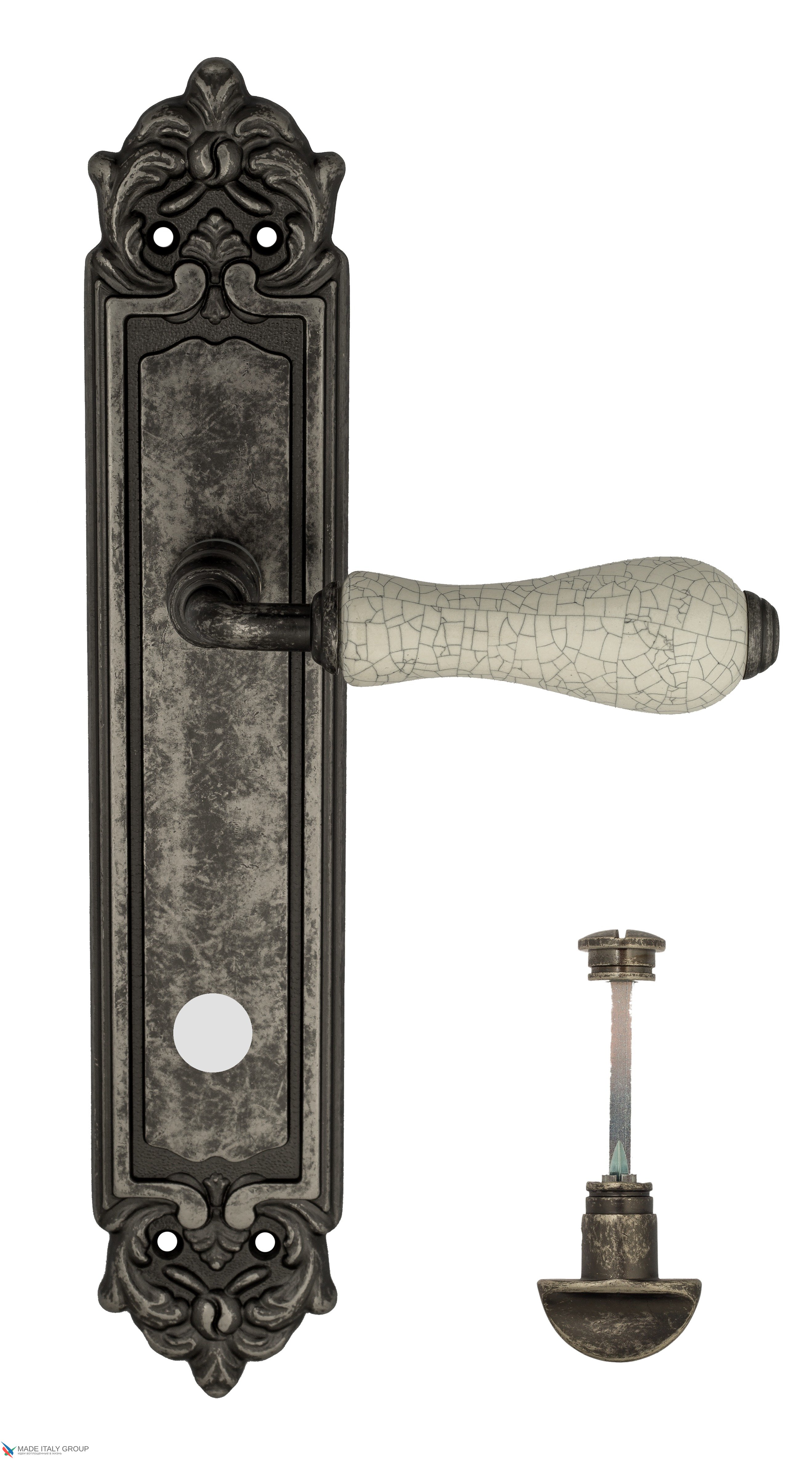 Дверная ручка Venezia "COLOSSEO" белая керамика паутинка WC-2 на планке PL96 античное серебро