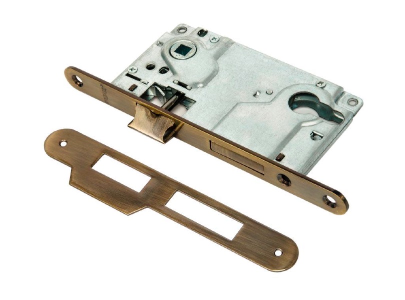 Замок дверной под цилиндр с ригелем RENZ INLBB 8550-2/1 AB 1 ригель и защ., с подш., бронза ант.