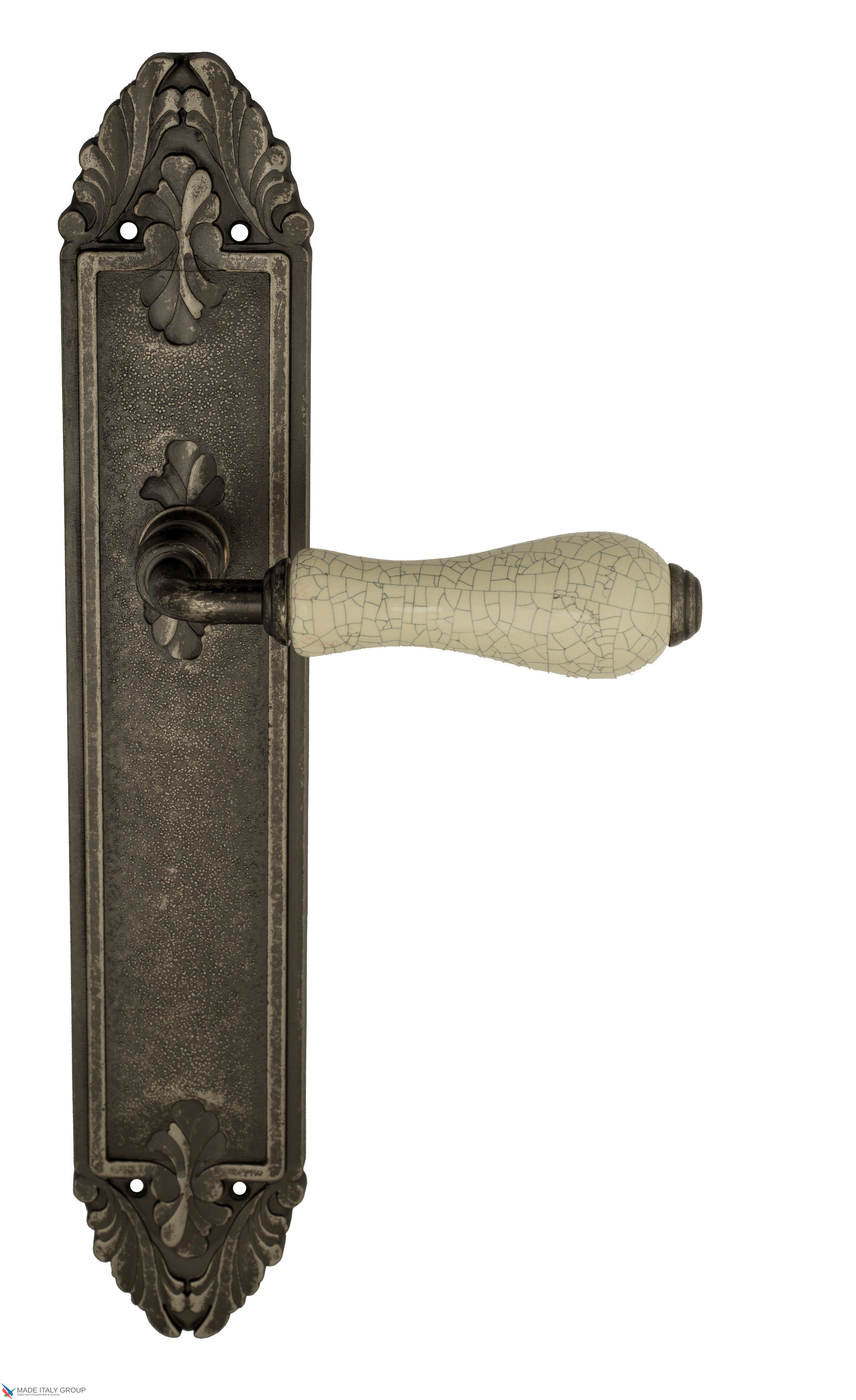 Дверная ручка Venezia "COLOSSEO" белая керамика паутинка на планке PL90 античное серебро