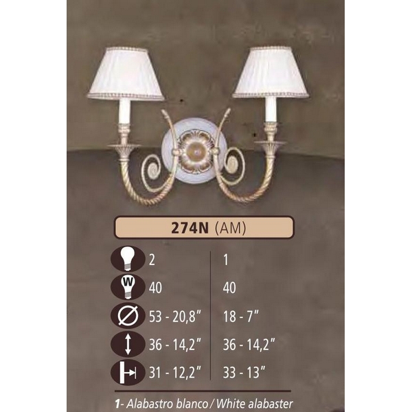 Бра Riperlamp 274N/2 AM WHITE ALABASTER - CREAM SHADE