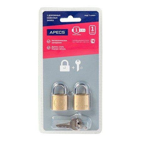 Навесной замок Apecs PDB-20-20-Blister (2Locks+3Keys)