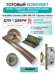 Комплект: Ручки Armadillo Columba LD80-1AB/GP-7+Завертка+Бесшумный замок и Петли Fuaro/бронза/золото