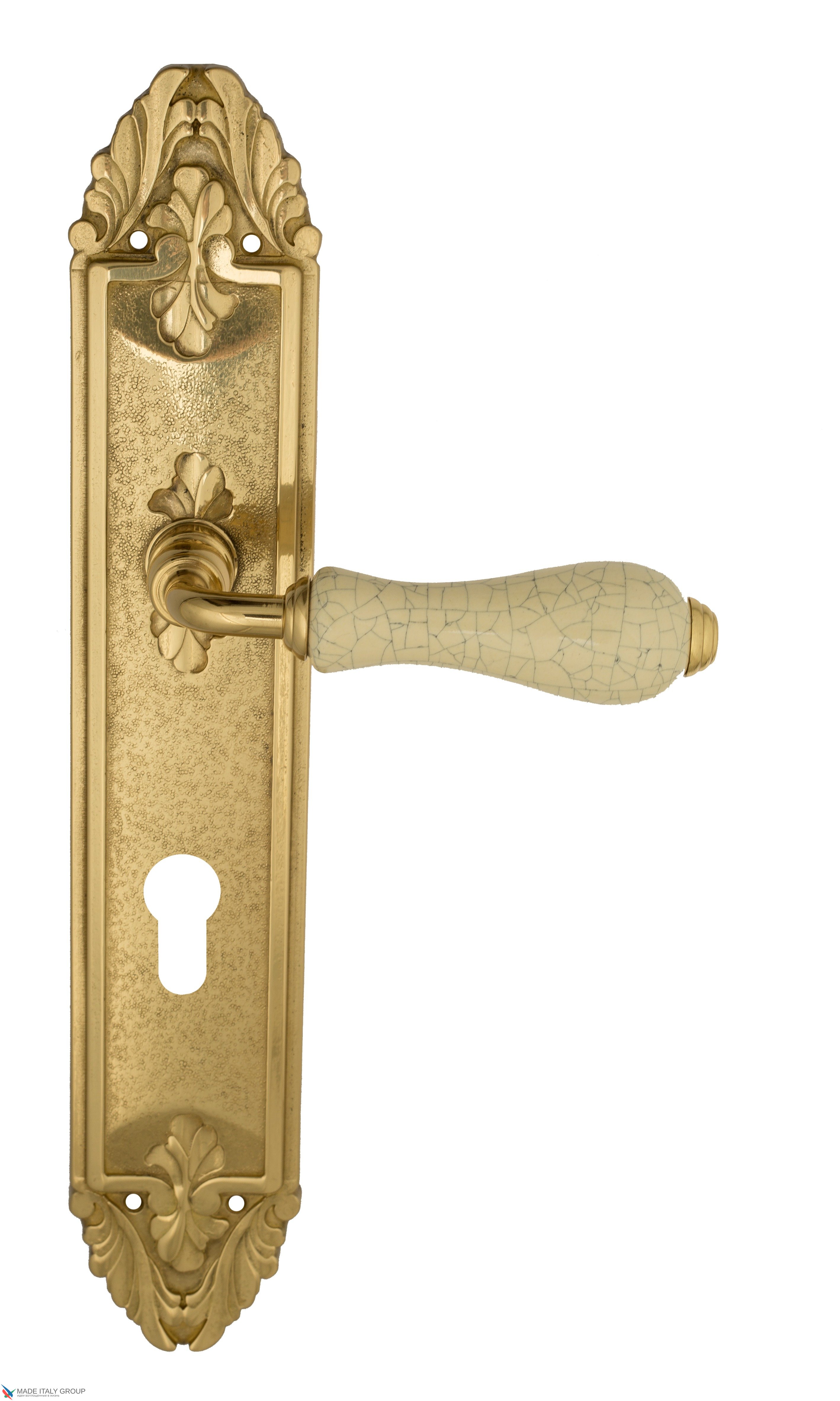 Дверная ручка Venezia "COLOSSEO" белая керамика паутинка CYL на планке PL90 полированная латунь