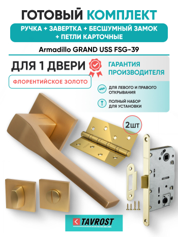 Комплект: Ручки Armadillo GRAND USS FSG-39+Завертка+Бесшумн замок и Петли Fuaro/флорентийское золото