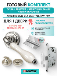 Комплект: Ручки Armadillo Silvia CL 1 Silver-925/LWP-109+Завертка+Бесшумн замок и Петли Fuaro/серебро