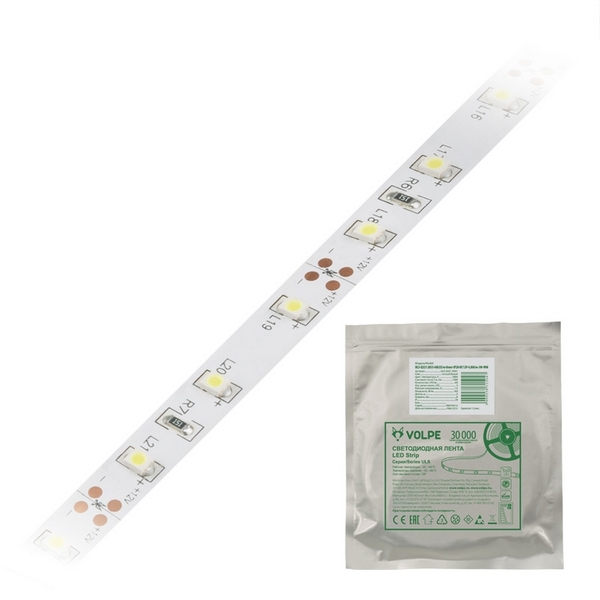 Светодиодная лента Volpe 2835-60LED/m-8mm-IP20-DC12V-4,8W/m-5M-6500K катушка в герметич уп-ке