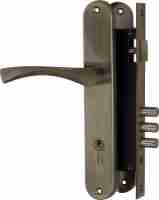 Ручка дверная на планке с замком под цилиндр с защелкой Fuaro SET F9011 AB (бронза), 5 кл.