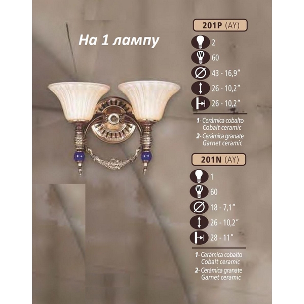 Бра Riperlamp 201N/1 AY COBALT/GARNET CERAM. - AMBER CRYST.