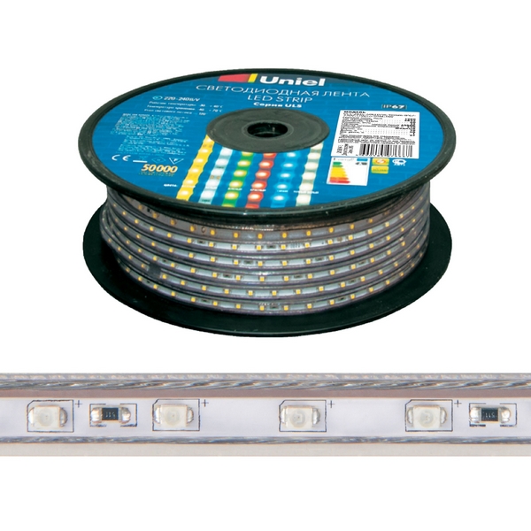 Светодиодная лента Uniel ULS-2835 ULS-2835-120LED/m-10mm-IP67-220V-10W/m-50M-4000K бобина