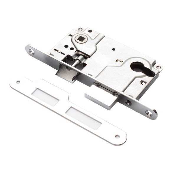 Замок дверной под цилиндр с ригелем RENZ INLBB 8550-2/1 CP 1 ригель и защ., с подш., хром бл.