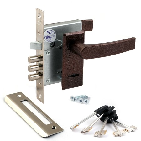 Замок врезной сувальдный дверной с защелкой САМ 74300-ЗВ9-8/15 медный антик