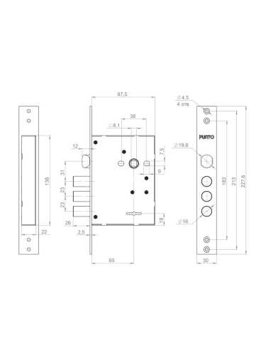 Замок Punto (Пунто) врезной сувальдный MDV30/S-65.77 CP хром (длинный ключ) тех.уп.