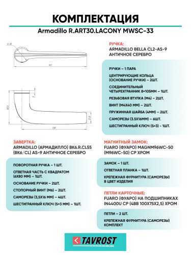 Комплект: Ручки Armadillo R.ART30.LACONY MWSC-33+Завертка+Магн замок и Петли Fuaro/итал тисненый