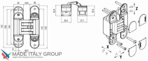 Kubica HYBRID 6360 38 CR.SAT петля скрытая универсальная асимметричная, цвет МАТОВЫЙ ХРОМ (60 kg)