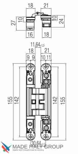 Kubica HYBRID K2460 CR.SAT петля скрытая универсальная асимметричная, цвет МАТОВЫЙ ХРОМ (60 kg)