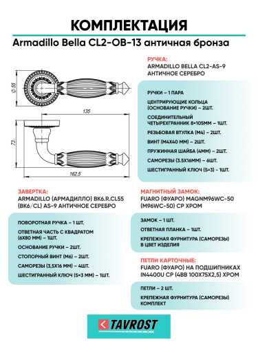 Комплект: Ручки Armadillo Bella CL2-OB-13+Завертка+Магнитный замок и Петли Fuaro/античная бронза