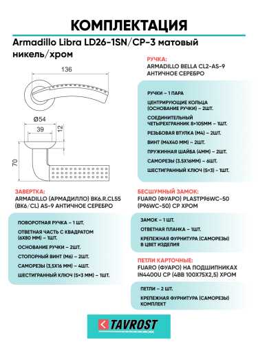 Комплект: Ручки Armadillo Libra LD26-1SN/CP-3+Завертка+Бесшумн замок и Петли Fuaro/матов никель/хром