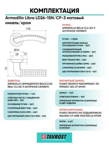 Комплект: Ручки Armadillo Libra LD26-1SN/CP-3+Завертка+Магн замок и Петли Fuaro/матовый никель/хром