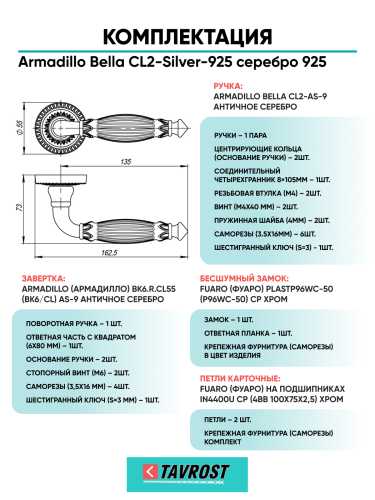 Комплект: Ручки Armadillo Bella CL2-Silver-925+Завертка+Бесшумный замок и Петли Fuaro/серебро 925