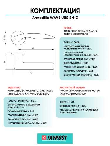 Комплект: Ручки Armadillo WAVE URS SN-3+Завертка+Магнитный замок Fuaro/матовый никель