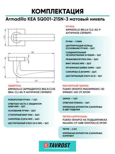 Комплект: Ручки Armadillo KEA SQ001-21SN-3+Завертка+Магнитный замок и Петли Fuaro/матовый никель