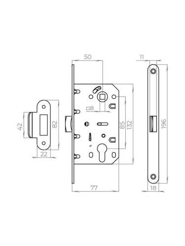 Корпус врезного замка c защёлкой PLASTLP85-50 ВL черный