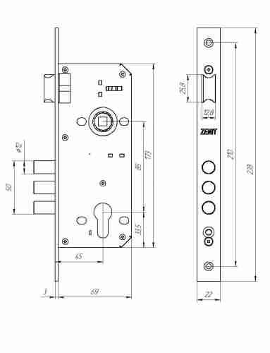 Замок врезной цилиндровый с защёлкой в комплекте с ручкой ЗВ4-85.3 (золото лак), 5 кл.