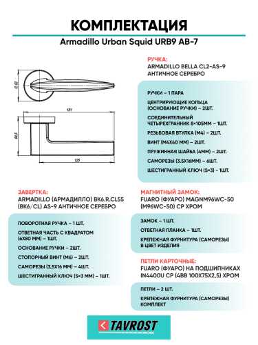 Комплект: Ручки Armadillo Urban Squid URB9 АВ-7+Завертка+Магнитный замок и Петли Fuaro/бронза