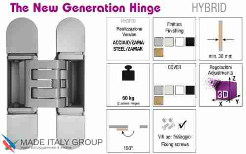 Kubica HYBRID 6360 38 CR.SAT петля скрытая универсальная асимметричная, цвет МАТОВЫЙ ХРОМ (60 kg)