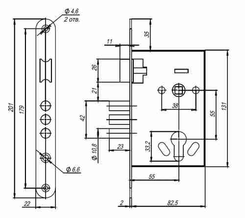 Корпус врезного замка с ручками на планке KIT А7-5555/3 W/B MOS