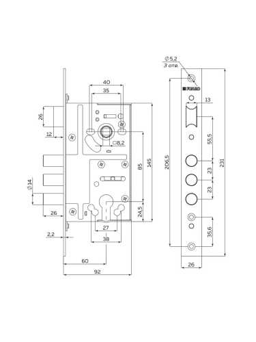 Корпус Fuaro (Фуаро) врезного замка c защёлкой MDV811/C-60.85.3R14