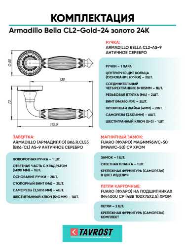 Комплект: Ручки Armadillo Bella CL2-Gold-24+Завертка+Магнитный замок и Петли Fuaro/золото 24К