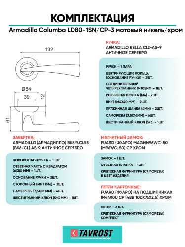Комплект: Ручки Armadillo Columba LD80-1SN/CP-3+Завертка+Магн замок и Петли Fuaro/матовый никел/хром