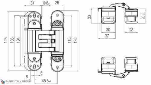 Kubica HYBRID 6360 45 OL петля скрытая универсальная асимметричная, цвет ЗОЛОТО (60 kg)