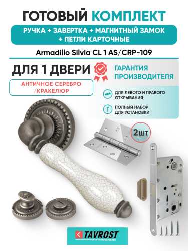 Комплект: Ручки Armadillo Silvia CL 1 AS/СRP-109+Завертка+Магн замок и Петли Fuaro/ант серебр/кракел