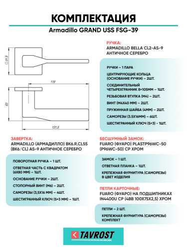 Комплект: Ручки Armadillo GRAND USS FSG-39+Завертка+Бесшумн замок и Петли Fuaro/флорентийское золото