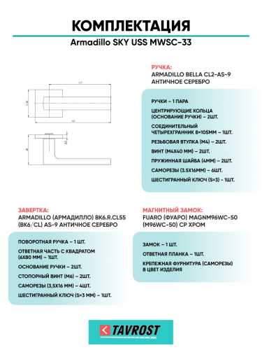 Комплект: Ручки Armadillo SKY USS MWSC-33+Завертка+Магнитный замок Fuaro/итальянский тисненый