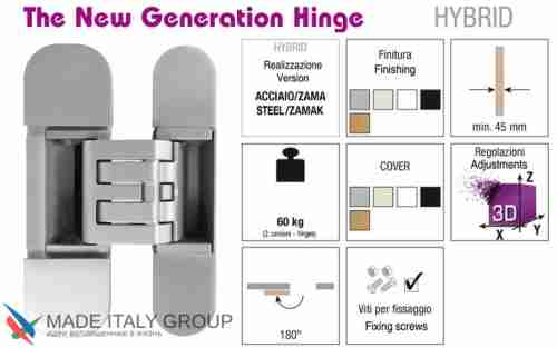Kubica HYBRID 6360 45 CR.SAT петля скрытая универсальная асимметричная, цвет МАТОВЫЙ ХРОМ (60 kg)