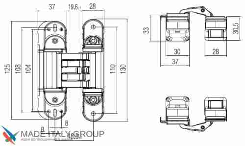 Kubica HYBRID 6360 45 CR.SAT петля скрытая универсальная асимметричная, цвет МАТОВЫЙ ХРОМ (60 kg)