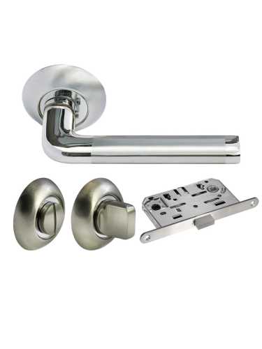 Комплект дверных ручек Morelli MH-03 SN/CP с заверткой MH-WC SN/CP+магнитный замок M1895 SN, цвет белый никель/хром