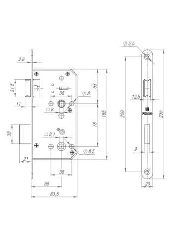 Замок врезной DD.INOX/WC-55.78