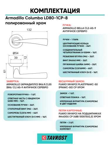 Комплект: Ручки Armadillo Columba LD80-1CP-8+Завертка+Бесшумн замок и Петли Fuaro/полированный хром