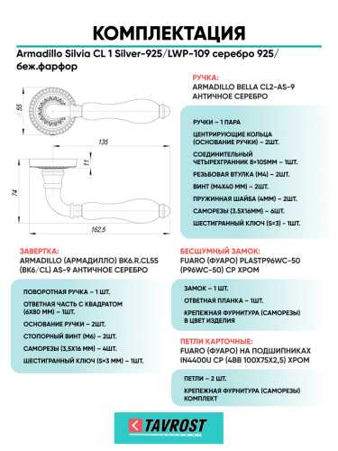 Комплект: Ручки Armadillo Silvia CL 1 Silver-925/LWP-109+Завертка+Бесшумн замок и Петли Fuaro/серебро