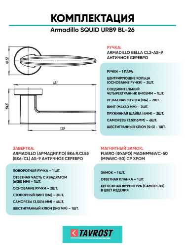 Комплект: Ручки Armadillo SQUID URB9 BL-26+Завертка+Магнитный замок Fuaro/черный