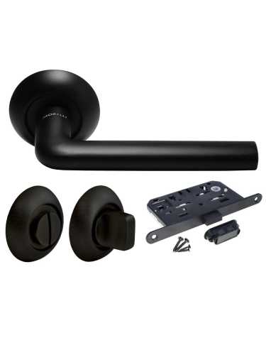 Комплект дверных ручек Morelli MH-03 BL с заверткой MH-WC BL + магнитный замок M1895 BL, цвет черный