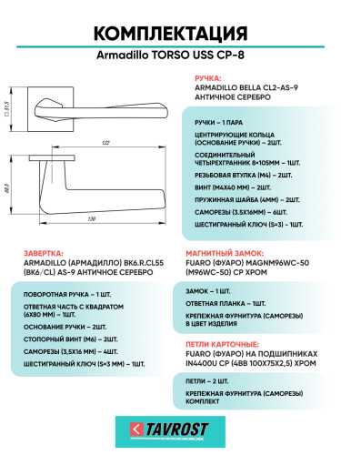Комплект: Ручки Armadillo TORSO USS CP-8+Завертка+Магнитный замок и Петли Fuaro/хром